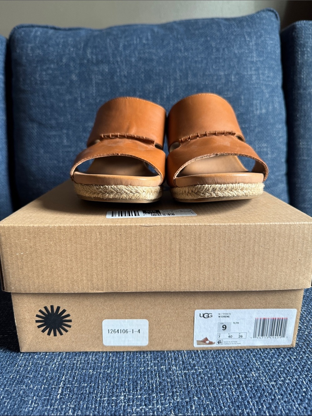 UGG Women's Tan Leather Slide Sandals with Espadrille Platform
